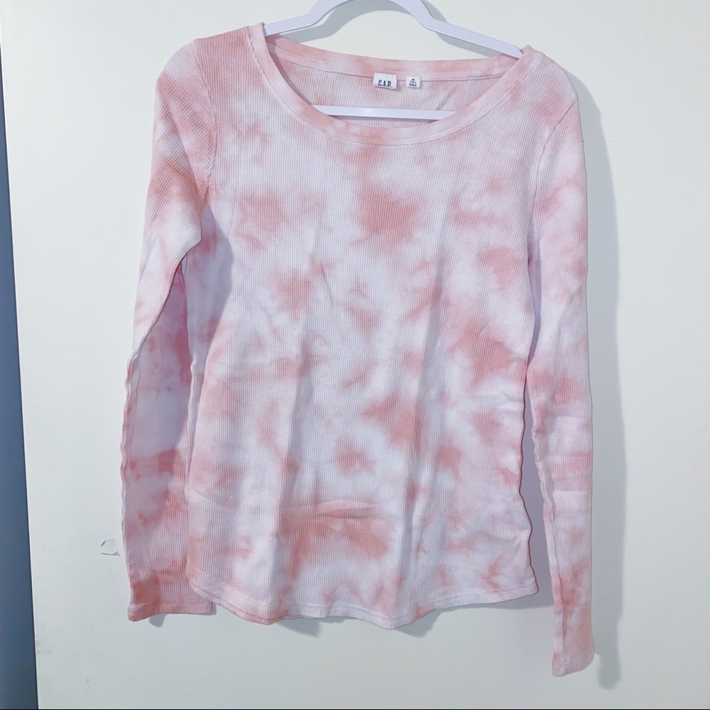 Gap thermal waffle knit pink tie die scoop hem top